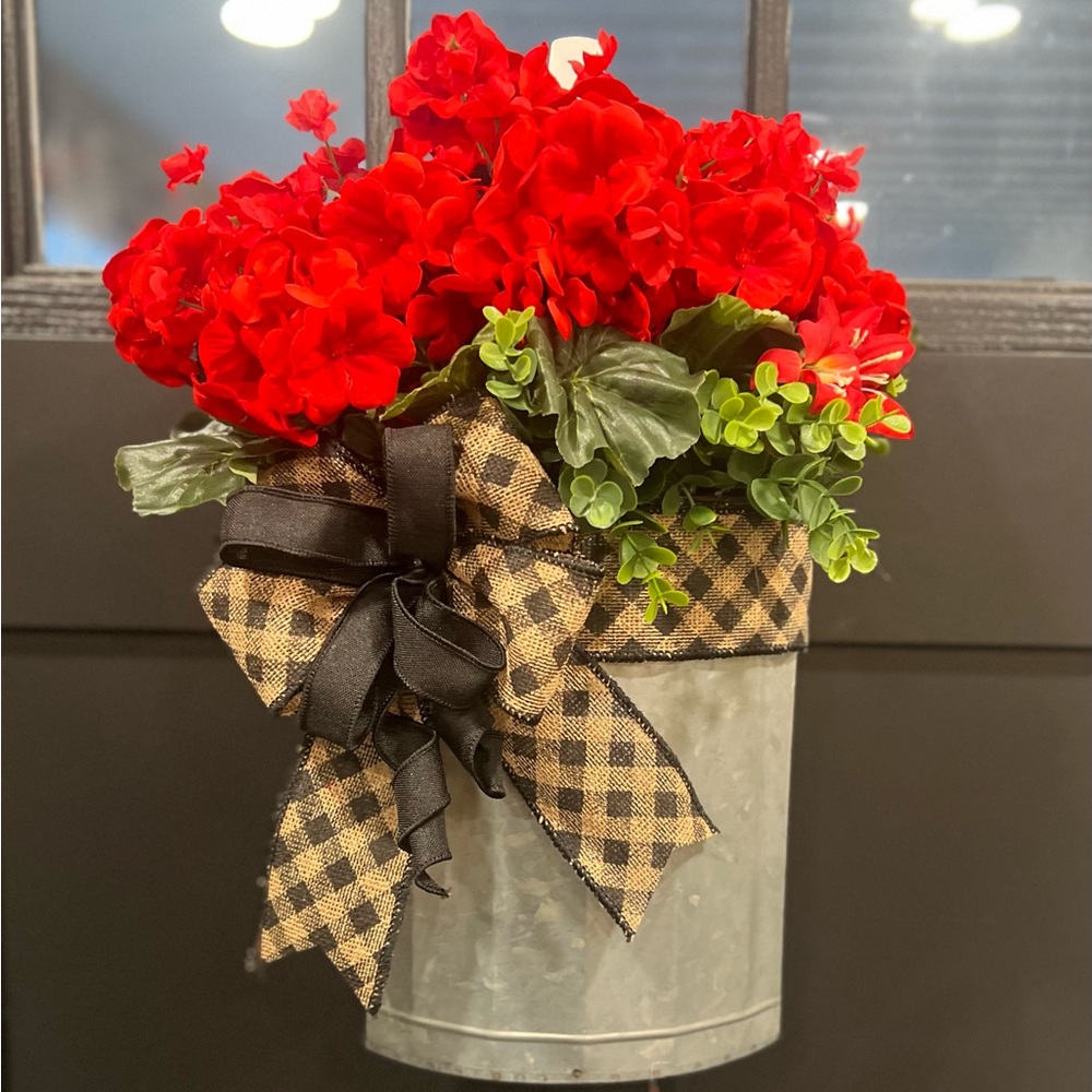 Red Floral Arrangement in Metal Bucket